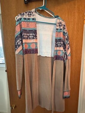 SHEIN Beige Open-Front Cardigan with Pink & Teal Aztec Panels